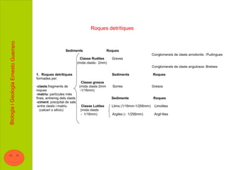 Roques detrítiques
Biologia i Geologia Ernesto Guerrero




                                                           Sediments                     Roques
                                                                                                                    Conglomerats de clasts arrodonits : Pudingues
                                                                       Classe Rudites      Graves
                                                                     (mida clasts> 2mm)
                                                                                                                    Conglomerats de clasts angulosos: Bretxes

                                       1. Roques detrítiques                               Sediments                Roques
                                       formades per:
                                                                        Classe gresos
                                       -clasts:fragments de           (mida clasts 2mm     Sorres                   Gresos
                                       roques                          -1/16mm)
                                       -matriu: partícules més
                                       fines, entremig dels clasts                         Sediments                 Roques
                                       -ciment: precipitat de sals
                                        entre clasts i matriu          Classe Lutites      Llims (1/16mm-1/256mm)    Limolites
                                          (calcari o silícic)         (mida clasts
                                                                      < 1/16mm)            Argiles (< 1/256mm)       Argil·lites
 