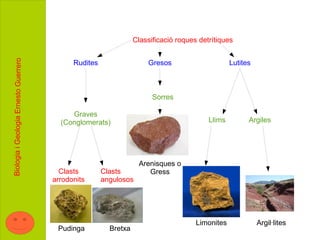 Classificació roques detrítiques
Biologia i Geologia Ernesto Guerrero




                                             Rudites                  Gresos                      Lutites



                                                                        Sorres

                                            Graves
                                         (Conglomerats)                                   Llims         Argiles




                                                                   Arenisques o
                                         Clasts        Clasts         Gress
                                       arrodonits      angulosos




                                                                                      Limonites             Argil·lites
                                        Pudinga          Bretxa
 