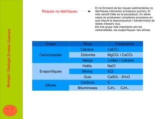 En la formació de les roques sedimentàries no
                                        Roques no detrítiques               detrítiques intervenen processos químics. El
                                                                            més senzill d'ells és la precipitació. En altres
                                                                            casos es produeixen complexos processos en
                                                                            què intervé la descomposició i transformació de
                                                                            restes d'éssers vius.
                                                                            Els tres grups més importants són les
                                                                            carbonatades, les evaporítiques i les silícies.
Biologia i Geologia Ernesto Guerrero




                                          Grupo                    Roca                     Composició
                                                                 Calcària            CaCO3
                                       Carbonatades              Dolomita            MgCO3 i CaCO3
                                                                  Marga              Lutites i Calcària
                                                                  Halita             NaCl
                                       Evaporítiques              Silvina            KCl
                                                                   Guix              CaSO2 · 2H2O
                                                                 Carbons             C
                                          Silicies
                                                                Bituminoses          C5H12      C6H14
 