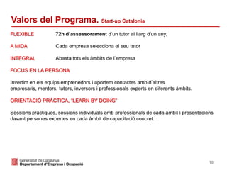 10
FLEXIBLE 72h d’assessorament d’un tutor al llarg d’un any.
A MIDA Cada empresa selecciona el seu tutor
INTEGRAL Abasta tots els àmbits de l’empresa
FOCUS EN LA PERSONA
Invertim en els equips emprenedors i aportem contactes amb d’altres
empresaris, mentors, tutors, inversors i professionals experts en diferents àmbits.
ORIENTACIÓ PRÀCTICA, “LEARN BY DOING”
Sessions pràctiques, sessions individuals amb professionals de cada àmbit i presentacions
davant persones expertes en cada àmbit de capacitació concret.
Valors del Programa. Start-up Catalonia
 