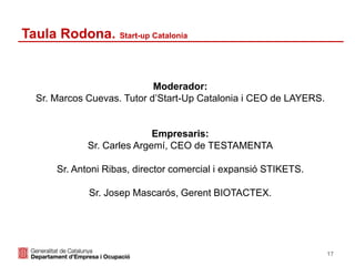 Taula Rodona. Start-up Catalonia
17
Moderador:
Sr. Marcos Cuevas. Tutor d’Start-Up Catalonia i CEO de LAYERS.
Empresaris:
Sr. Carles Argemí, CEO de TESTAMENTA
Sr. Antoni Ribas, director comercial i expansió STIKETS.
Sr. Josep Mascarós, Gerent BIOTACTEX.
 