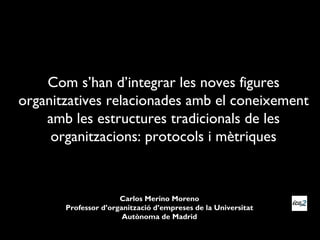 Com s’han d’integrar les noves figures
organitzatives relacionades amb el coneixement
    amb les estructures tradicionals de les
     organitzacions: protocols i mètriques


                      Carlos Merino Moreno
       Professor d’organització d’empreses de la Universitat
                       Autònoma de Madrid
 