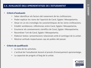 • Criteris d’avaluació:
• Saber identificar els factors del naixement de les civilitzacions .
• Poder explicar les raons de l'aparició de Caral, Egipte i Mesopotamia.
• Situar en un eix cronològic les característiques de les 1eres civilitzacions.
• Establir semblances i diferències entre Caral, Egipte i Mesopotamia.
• Enumerar els coneixements científics de Caral, Egipte i Mesopotamia.
• Reconèixer l’art de Caral, Egipte i Mesopotamia.
• Elaborar textos i presentacions relacionats amb el contingut de la unitat .
• Mostrar actituds respectuoses cap als pobles del passat.

• Criteris de qualificació:
• La nota de les activitats.
• L’actitud de l’estudiantat durant el procés d’ensenyament-aprenentatge.
• La capacitat de progrés al llarg de la unitat.

2. DISSENY

2.4. AVALUACIÓ DELS APRENENTATGES DE L’ESTUDIANTAT

 