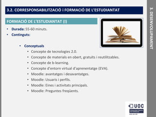 FORMACIÓ DE L’ESTUDIANTAT (I)
• Durada: 55-60 minuts.
• Continguts:
• Conceptuals
• Concepte de tecnologies 2.0.
• Concepte de materials en obert, gratuïts i reutilitzables.
• Concepte de b-learning.
• Concepte d’entorn virtual d’aprenentatge (EVA).
• Moodle: avantatges i desavantatges.
• Moodle: Usuaris i perfils.
• Moodle: Eines i activitats principals.
• Moodle: Preguntes freqüents.

3. DESENVOLUPAMENT

3.2. CORRESPONSABILITZACIÓ i FORMACIÓ DE L’ESTUDIANTAT

 