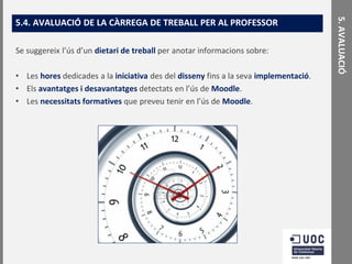 Se suggereix l’ús d’un dietari de treball per anotar informacions sobre:
• Les hores dedicades a la iniciativa des del disseny fins a la seva implementació.
• Els avantatges i desavantatges detectats en l’ús de Moodle.
• Les necessitats formatives que preveu tenir en l’ús de Moodle.

5. AVALUACIÓ

5.4. AVALUACIÓ DE LA CÀRREGA DE TREBALL PER AL PROFESSOR

 