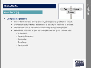 ESPECÍFICS (II)
• Unir passat i present:
•
•
•
•

Connectar la Història amb el present, amb realitats i problemes actuals.
Demostrar la importància de conèixer el passat per entendre el present.
Contrastar Caral i el patrimoni històrico-arqueològic més proper.
Reflexionar sobre les etapes viscudes per totes les grans civilitzacions:
• Naixement.
• Desenvolupament.
• Esplendor.
• Davallada.
• Desaparició.

1. ANÀLISI

PEDAGÒGICS

 