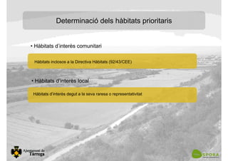 Determinació dels hàbitats prioritaris
• Hàbitats d’interès comunitari
Hàbitats inclosos a la Directiva Hàbitats (92/43/CEE)
• Hàbitats d’interès local
Hàbitats d’interès degut a la seva raresa o representativitat
 