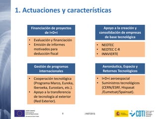 8 (16/07/2013)
UNIÓN EUROPEA
Fondo Europeo de
Desarrollo Regional (FEDER)
Una manera de hacer Europa
Financiación de proyectos
de I+D+i
Apoyo a la creación y
consolidación de empresas
de base tecnológica
• Evaluación y financiación
• Emisión de informes
motivados para
deducción fiscal
• NEOTEC
• NEOTEC C-R
• INNVIERTE
Gestión de programas
internacionales
• Cooperación tecnológica
(Programa Marco, Eureka,
Iberoeka, Eurostars, etc.).
• Apoyo a la transferencia
de tecnología al exterior
(Red Exterior).
Aeronáutica, Espacio y
Retornos Tecnológicos
• I+D+i aeroespacial
• Suministros tecnológicos
(CERN/ESRF, Hispasat
/Eumetsat/Spainsat).
1. Actuaciones y características
 