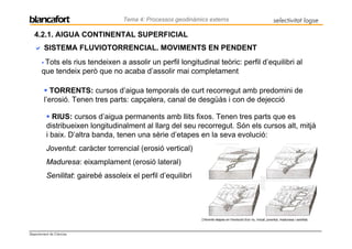 Tema 4: Processos geodinàmics externs            selectivitat logse

   4.2.1. AIGUA CONTINENTAL SUPERFICIAL
         SISTEMA FLUVIOTORRENCIAL. MOVIMENTS EN PENDENT
        Tots els rius tendeixen a assolir un perfil longitudinal teòric: perfil d’equilibri al
       que tendeix però que no acaba d’assolir mai completament

           TORRENTS: cursos d’aigua temporals de curt recorregut amb predomini de
        l’erosió. Tenen tres parts: capçalera, canal de desgüàs i con de dejecció

            RIUS: cursos d’aigua permanents amb llits fixos. Tenen tres parts que es
          distribueixen longitudinalment al llarg del seu recorregut. Són els cursos alt, mitjà
          i baix. D’altra banda, tenen una sèrie d’etapes en la seva evolució:
          Joventut: caràcter torrencial (erosió vertical)
          Maduresa: eixamplament (erosió lateral)
          Senilitat: gairebé assoleix el perfil d’equilibri




Departament de Ciències
 