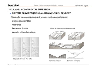 Tema 4: Processos geodinàmics externs                           selectivitat logse

   4.2.1. AIGUA CONTINENTAL SUPERFICIAL
         SISTEMA FLUVIOTORRENCIAL. MOVIMENTS EN PENDENT
      Els rius formen una sèrie de estructures molt característiques:
        Cursos anastomòtics
        Meandres
        Terrasses fluvials                                     Etapes de formació d’una terrassa fluvial

        Ventalls al·luvials (deltes)




           Etapes de formació d’un delta
                                                              Terrasses cícliques          Terrasses acícliques

Departament de Ciències
 