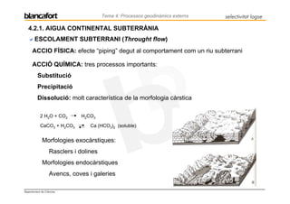 Tema 4: Processos geodinàmics externs   selectivitat logse

   4.2.1. AIGUA CONTINENTAL SUBTERRÀNIA
       ESCOLAMENT SUBTERRANI (Throught flow)
      ACCIO FÍSICA: efecte “piping” degut al comportament com un riu subterrani

      ACCIÓ QUÍMICA: tres processos importants:
         Substitució
         Precipitació
         Dissolució: molt característica de la morfologia càrstica

           2 H2O + CO2       H2CO3

           CaCO3 + H2CO3         Ca (HCO3)2 (soluble)


             Morfologies exocàrstiques:
                  Rasclers i dolines
             Morfologies endocàrstiques
                  Avencs, coves i galeries

Departament de Ciències
 