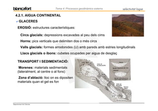 Tema 4: Processos geodinàmics externs      selectivitat logse

   4.2.1. AIGUA CONTINENTAL
       GLACERES
      EROSIÓ: estructures característiques:

         Circs glacials: depressions excavades al peu dels cims
         Horns: pics verticals que delimiten dos o més circs
         Valls glacials: formes arrodonides (U) amb pareds amb estries longitudinals
         Llacs glacials o ibons: cubetes ocupades per aigua de desglaç

      TRANSPORT I SEDIMENTACIÓ:
       Morenes: materials sedimentats
      (lateralment, al centre o al fons)
      Zona d’ablació: lloc on es dipositen
      materials quan el gel es fon




Departament de Ciències
 