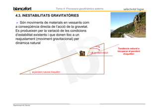 Tema 4: Processos geodinàmics externs              selectivitat logse

   4.3. INESTABILITATS GRAVITATÒRIES

      Són moviments de materials en vessants com
   a conseqüència directa de l’acció de la gravetat.
   Es produeixen per la variació de les condicions
   d’estabilitat existents i que donen lloc a un
   reajustament (moviment gravitacional) per
   dinàmica natural
                                                                                                 Tendència natural a
                                                                                                recuperar el pendent
                                                                             β pendent induït
                                                                                                     d’equilibri




                          α pendent natural d’equilibri




Departament de Ciències
 