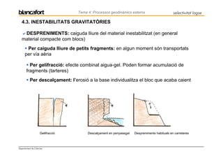 Tema 4: Processos geodinàmics externs                       selectivitat logse

   4.3. INESTABILITATS GRAVITATÒRIES

    DESPRENIMENTS: caiguda lliure del material inestabilitzat (en general
   material compacte com blocs)
       Per caiguda lliure de petits fragments: en algun moment són transportats
      per vía aèria

         Per gelifracció: efecte combinat aigua-gel. Poden formar acumulació de
       fragments (tarteres)
          Per descalçament: l’erosió a la base individualitza el bloc que acaba caient




                    Gelifracció        Descalçament en penyasegat   Despreniments habituals en carreteres



Departament de Ciències
 