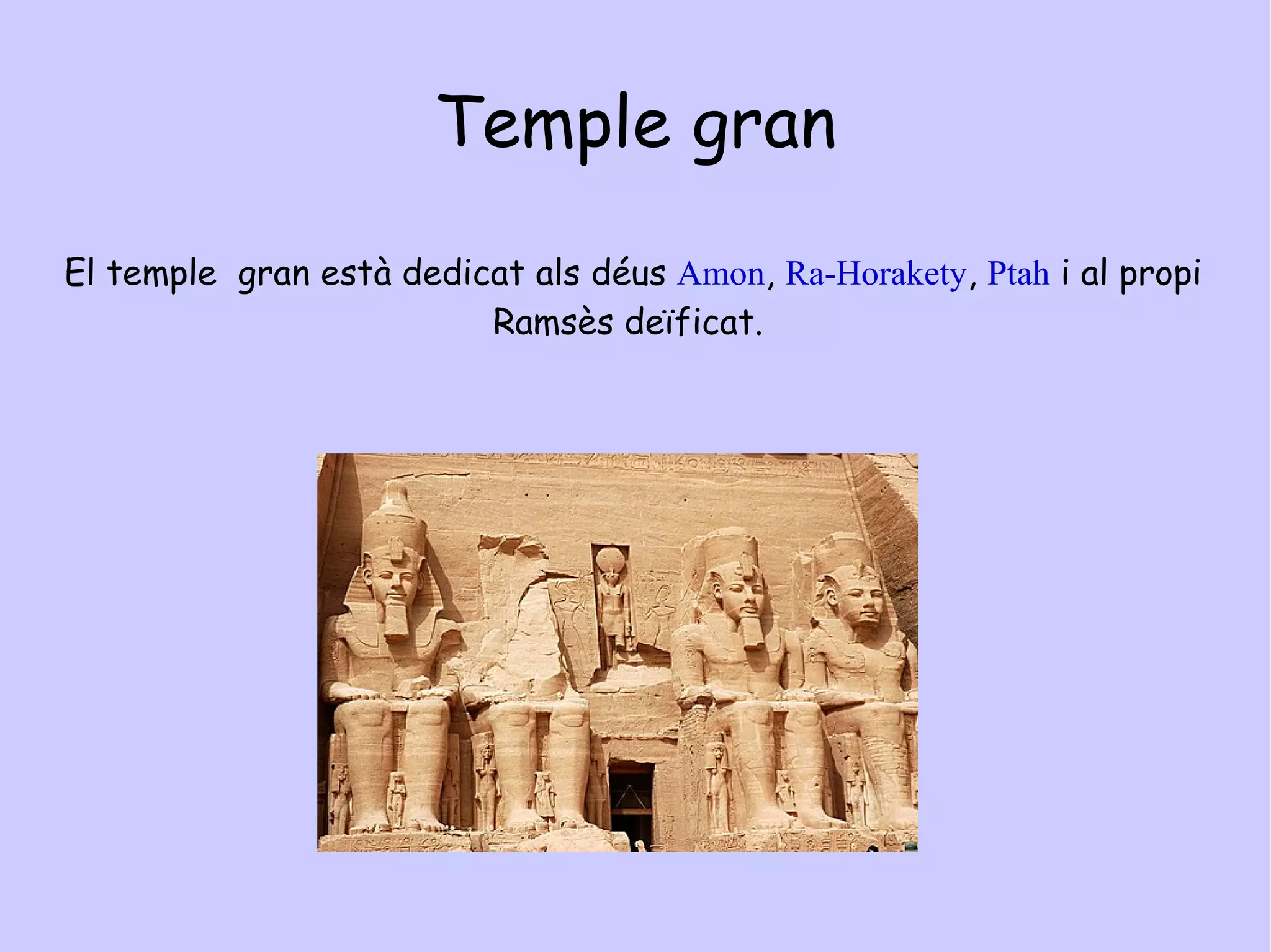 Per què es construïen temples? La construccio d'Abu Simbel La construcció del temple es va iniciar aproximadament el  1284 aC  i va durar uns vint anys, fins al  1264 aC . És un dels sis temples erigits o excavats a la roca ( Speos ) que es van edificar a  Núbia  durant el llarg període del regnat de  Ramsès II . El propòsit del temple era impressionar als veïns del Sud i reforçar la influència de la religió egípcia a la regió. 