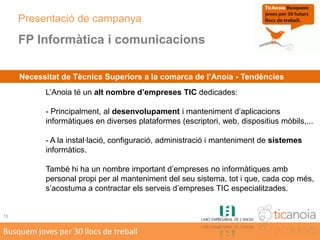 En quèconsisteix... promoure 30 nous llocs de treball al sector TIC de l’Anoia.-escenari previst – 24 desenvolupament + 6 sistemesCom ho hem pensat fer …... incentivant oferta formativa de qualitat. 