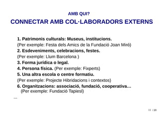 11
1. Patrimonis culturals: Museus, institucions.
(Per exemple: Festa dels Amics de la Fundació Joan Miró)
2. Esdeveniments, celebracions, festes.
(Per exemple: Llum Barcelona )
3. Forma jurídica o legal.
4. Persona física. (Per exemple: Fixperts)
5. Una altra escola o centre formatiu.
(Per exemple: Projecte Hibridacions i contextos)
6. Organitzacions: associació, fundació, cooperativa…
(Per exemple: Fundació Tapiesl)
...
CONNECTAR AMB COL·LABORADORS EXTERNS
/ 20
AMB QUI?
 