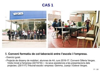 15
5. Conveni formatiu de col·laboració entre l’escola i l’empresa.
- Exercici guiat.
- Projecte de disseny de mobiliari, alumnes de 4rt, curs 2016-17. Convenir Silleria Verges.
Visita inicial a l'empresa (22/10/16) i i la seva assistencia a les presentacions dels
projectes. (25/1/17) Tribunal escola i empresa: Gemma, Juanjo i Esteve Verges.
CAS 1
/ 20
 