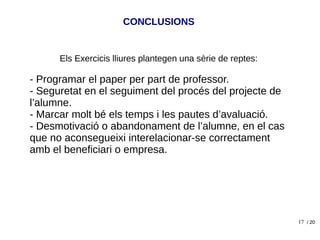 17
Els Exercicis lliures plantegen una sèrie de reptes:
- Programar el paper per part de professor.
- Seguretat en el seguiment del procés del projecte de
l’alumne.
- Marcar molt bé els temps i les pautes d’avaluació.
- Desmotivació o abandonament de l’alumne, en el cas
que no aconsegueixi interelacionar-se correctament
amb el beneficiari o empresa.
/ 20
CONCLUSIONS
 