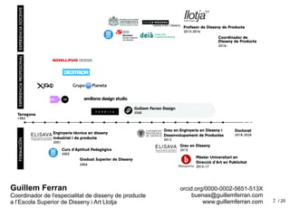 2
Guillem Ferran
Coordinador de l'especialitat de disseny de producte
a l’Escola Superior de Disseny i Art Llotja
orcid.org/0000-0002-5651-513X
buenas@guillemferran.com
www.guillemferran.com / 20
 