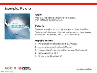 Exemple: Fluidra
FONT: Fluidra Accelera
Proposta de valor
1. Programa d’acceleració de 4 a 12 mesos
2. Mentoratge dels directius de Fluidra
3. Focus en l’òptima escalabilitat: producció, distribució
4. Networking i visibilitat
5. Finançament i co-inversió
Objectiu
Convertir la startup en una companyia rendible i invertible.
Dur a terme totes les accions perquè l’empresa pugui atreure
inversors en una primera ronda de finançament
Target
Projectes relacionats amb el món de l’aigua,
d’alt potencial de creixement.
 