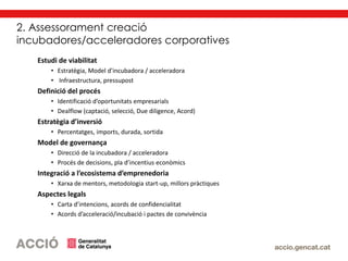 2. Assessorament creació
incubadores/acceleradores corporatives
Estudi de viabilitat
• Estratègia, Model d’incubadora / acceleradora
• Infraestructura, pressupost
Definició del procés
• Identificació d’oportunitats empresarials
• Dealflow (captació, selecció, Due diligence, Acord)
Estratègia d’inversió
• Percentatges, imports, durada, sortida
Model de governança
• Direcció de la incubadora / acceleradora
• Procés de decisions, pla d’incentius econòmics
Integració a l’ecosistema d’emprenedoria
• Xarxa de mentors, metodologia start-up, millors pràctiques
Aspectes legals
• Carta d’intencions, acords de confidencialitat
• Acords d’acceleració/incubació i pactes de convivència
 