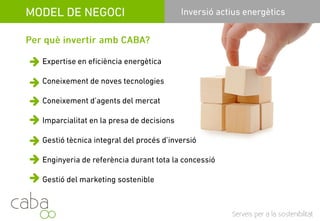 MODEL DE NEGOCI
¿Per què invertir amb CABA?
Expertesa en eficiència energèticaExpertesa en eficiència energètica
Coneixement de noves tecnologies
Coneixement d’agents de mercat
Imparcialitat en la presa de decisionsImparcialitat en la presa de decisions
Gestió tècnica integral del procés d’inversió
Enginyeria de referència durant tota la concessió
Gestió del màrqueting sostenibleGestió del màrqueting sostenible
Servicios para la sostenibilidad
 
