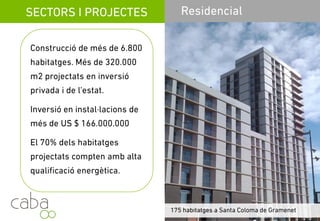 SERVEIS LEED
Presència de certificacions LEED a 4 països: Perú, Itàlia,
Argentina i Espanya
100% d’èxit en la certificació dels projectes assessorats per
C b t ibilit tCaba sostenibilitat
Caba ha produït per als seus clients:
US$ 6,1 milions d’estalvies en energia
1,51 milions de litres d’aigua estalviats
16 643 tonelades de residus estalviats16.643 tonelades de residus estalviats
64.000 tonelades de CO2 estalviades al medi ambient
Servicios para la sostenibilidad
 