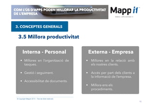 15
© Copyright Mappit 2014 – Tots els drets reservats
COM L’ÚS D’APPS PODEN MILLORAR LA PRODUCTIVITAT
DE L’EMPRESA
3. CONCEPTES GENERALS
3.5 Millora productivitat
Interna - Personal Externa - Empresa
•  Millores en l’organització de
tasques.
•  Gestió i seguiment.
•  Accessibilitat de documents.
•  Millores en la relació amb
els nostres clients.
•  Accés per part dels clients a
la informació de l’empresa.
•  Millora ens els
procediments.
 