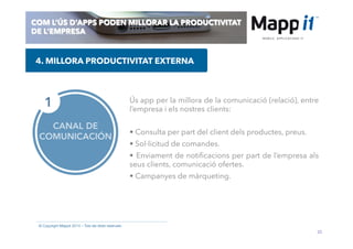 25
© Copyright Mappit 2014 – Tots els drets reservats
COM L’ÚS D’APPS PODEN MILLORAR LA PRODUCTIVITAT
DE L’EMPRESA
CANAL DE
COMUNICACIÓN
1 Ús app per la millora de la comunicació (relació), entre
l’empresa i els nostres clients:
• Consulta per part del client dels productes, preus.
• Sol·licitud de comandes.
•  Enviament de notiﬁcacions per part de l’empresa als
seus clients, comunicació ofertes.
• Campanyes de màrqueting.
4. MILLORA PRODUCTIVITAT EXTERNA
 
