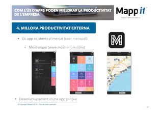 27
© Copyright Mappit 2014 – Tots els drets reservats
COM L’ÚS D’APPS PODEN MILLORAR LA PRODUCTIVITAT
DE L’EMPRESA
•  Ús app existents al mercat (cost mensual):
•  Mostrarium (www.mostrarium.com)
4. MILLORA PRODUCTIVITAT EXTERNA
•  Desenvolupament d’una app pròpia:
 