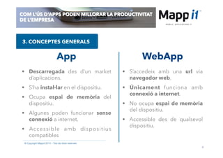 9
© Copyright Mappit 2014 – Tots els drets reservats
COM L’ÚS D’APPS PODEN MILLORAR LA PRODUCTIVITAT
DE L’EMPRESA
3. CONCEPTES GENERALS
App
•  Descarregada des d’un market
d’aplicacions.
•  S’ha instal·lar en el dispositiu.
•  Ocupa espai de memòria del
dispositiu.
•  Algunes poden funcionar sense
connexió a internet.
•  Accessible amb dispositius
compatibles
•  S’accedeix amb una url via
navegador web.
•  Únicament funciona amb
connexió a internet.
•  No ocupa espai de memòria
del dispositiu.
•  Accessible des de qualsevol
dispositiu.
WebApp
 