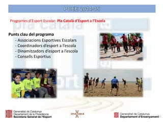 Punts clau del programa 
- Associacions Esportives Escolars 
- Coordinadors d’esport a l’escola 
- Dinamitzadors d’esport a l’escola 
- Consells Esportius 
11 
Programes d’Esport Escolar- Pla Català d’Esport a l’Escola  