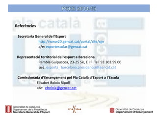 Referències 
Secretaria General de l’Esport 
http://www20.gencat.cat/portal/site/sge 
a/e: esportescolar@gencat.cat 
Representació territorial de l’esport a Barcelona 
Rambla Guipuscoa, 23-25 5è, E i F Tel. 93.303.59.00 
a/e: esports_ barcelona.presidencia@gencat.cat 
Comissionada d’Ensenyament pel Pla Català d’Esport a l’Escola 
Elisabet Boloix Ripoll 
a/e: eboloix@gencat.cat 
 