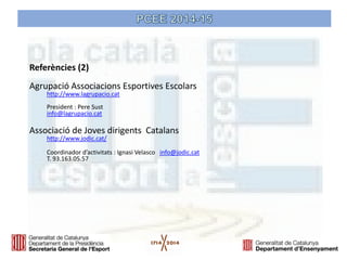 Referències (2) 
Agrupació Associacions Esportives Escolars 
http://www.lagrupacio.cat 
President : Pere Sust 
info@lagrupacio.cat 
Associació de Joves dirigents Catalans 
http://www.jodic.cat/ 
Coordinador d’activitats : Ignasi Velasco info@jodic.cat 
T. 93.163.05.57  