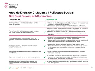 Àrea de Drets de Ciutadania i Polítiques Socials
Gent Gran i Persones amb Discapacitats
• Millores del Casal Municipal de la Gent Gran: ampliació de l’escenari, nous
camerinos i noves mesures de seguretat.
• Remodelació de l’espai per a gent gran del Centre Cívic Les Tovalloles.
• S’inicia un treball amb les entitats i col·lectius de gent gran per conèixer la
seva realitat i copsar les seves necessitats.
• Ampliació de l’oferta d’activitats per a gent gran, formada per unes 40
propostes temàtiques diferents (esportives, culturals, tecnològiques, de
salut, etc.).
• Es facilita la participació mitjançant les activitats específiques i/o amb
suport per facilitar la integració en activitats normalitzades.
• Campanya informativa adreçada a empreses locals sobre els avantatges de
donar feina a les persones dels Centres Especials de Treball.
• S’atenen 358 peticions de viatges esporàdics, a les quals cal afegir
	 318 gestionades a través del Consell Comarcal. A més es presta servei a
	 10 persones en rutes fixes de dilluns a divendres. Pressupost destinat:
26.273 €
• Es fan 283 visites individualitzades, donant assessorament i facilitant
informació i orientació.
• Les entitats específiques ubicades al municipi disposen de suport tècnic i
econòmic del Programa per desenvolupar els seus projectes i/o activitats
en benefici de les persones amb discapacitats.
• Creació de 6 places d’aparcament per a persones amb mobilitat reduïda a
prop d’equipaments.
Contempla millores al Casal de la Gent Gran i a d’altres
espais de gent gran.
Promou les entitats i activitats per aconseguir gent gran
més activa i activitats de caire intergeneracional.
Fomenta la participació en activitats per millorar la
integració social, donant suport als Centres Especials de
Treball.
Destina més recursos a reforçar el servei de transport
adaptat “porta a porta”.
Atenció especialitzada a les persones amb discapacitat i les
seves famílies.
Nous aparcaments en superfície per a persones amb
mobilitat reduïda al voltant de serveis i equipaments
públics.
Suport a les entitats de l’àmbit per desenvolupar projectes.
Què vam dir Què hem fet
15No executatExecutat No assolit al 100%
 