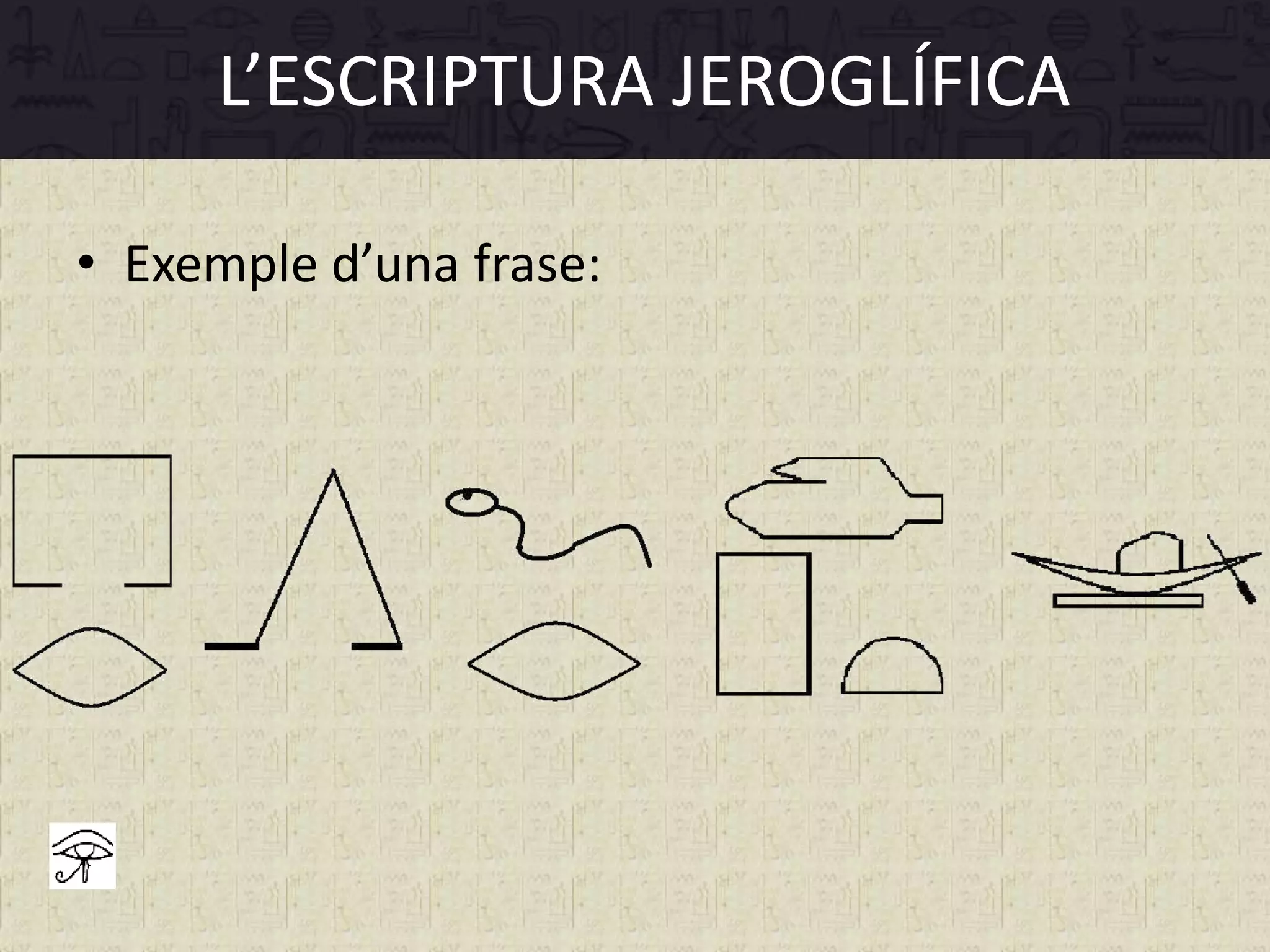 L’ESCRIPTURA JEROGLÍFICA
• Exemple d’una frase:
 