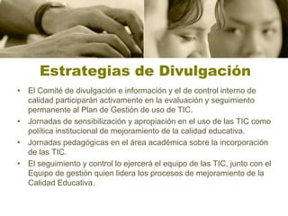 JUSTIFICACIÓNLa Institución Educativa Soledad Román de Núñez – INEDSOR – en la búsqueda de nuevas experiencias que enriquezcan la formación integral de nuestra comunidad educativa en general, en especial las competencias tecnológicas, tiene como meta principal utilizar con mayor apropiación las herramientas TIC como apoyo a los procesos organizacionales. El uso de herramientas TIC dentro de nuestra Institución INEDSOR facilitará el desarrollo y avance en procesos basados en Tecnología, focalizados inicialmente en la capacitación de nuestros docentes y personal administrativo, lo cual permite la vivencia mejores prácticas pedagógicas. Con la dotación de herramientas tecnológicas a las aulas tradicionales se transformaría el proceso de enseñanza-aprendizaje de los educandos, aportando un valor agregado a sus competencias, concentrando un mayor interés en la construcción del conocimiento, que representa mayor beneficio para el estudiante y especialmente a la población vulnerable,   porque interactúa con las herramientas afianzando el conocimiento. Para el  2013 la Institución Educativa Soledad Román de Núñez, como escuela inclusiva,  contará con mejores herramientas en el área de las TIC, con docentes altamente cualificados en herramientas Tecnológicas, incorporación de las TIC a los procesos pedagógicos, dotación física a la organización institucional (Directiva, Financiera, Comunitaria y Académica) para brindar mejores recursos a la gestión escolar.