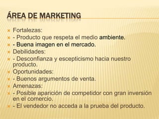 Área de MarketingFortalezas:- Producto que respeta el medio ambiente.- Buena imagen en el mercado.Debilidades:- Desconfianza y escepticismo hacia nuestro producto.Oportunidades:- Buenos argumentos de venta.Amenazas:- Posible aparición de competidor con gran inversión en el comercio.- El vendedor no acceda a la prueba del producto.