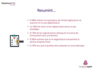 Resumint...
• El 88% valoren la importància de l’àmbit digital però no
avancen en la seva digitalització.
• Un 58% fan servir eines digitals però sense un pla
estratègic.
• El 70% de les organitzacions destaquen la manca de
finançament com una barrera.
• El 86% entenen que la no digitalització comportarà la
pèrdua d’oportunitats.
• El 76% veu que la qualitat dels projectes es veurà afectada.
 