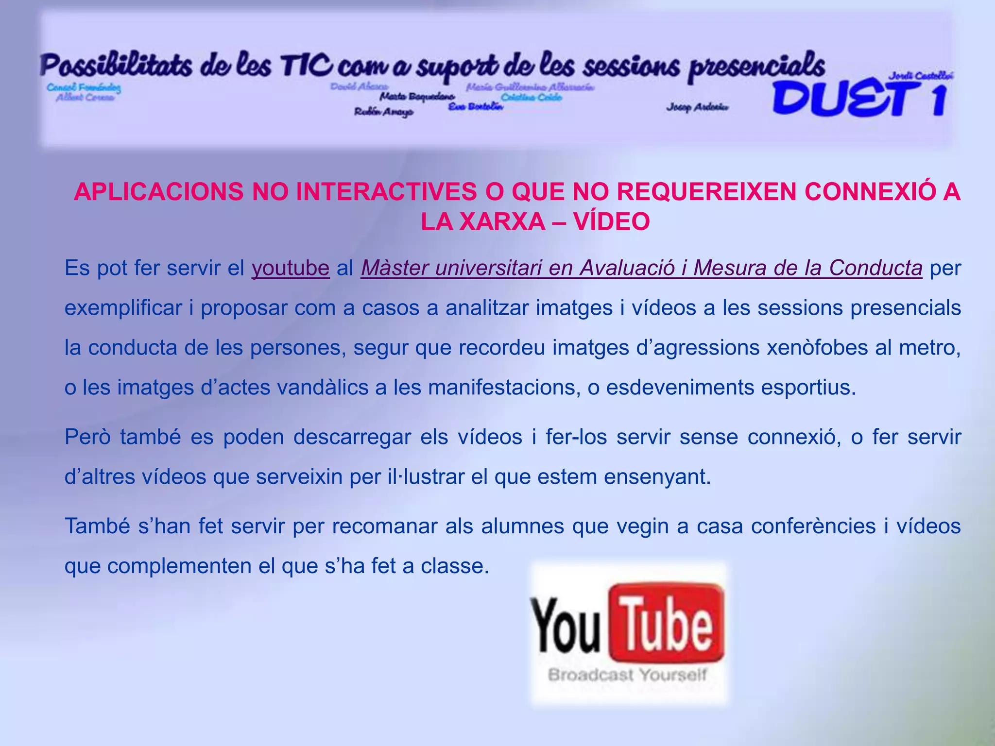 IMPLEMENTACIÓ DEL PROJECTEServeis al estudiantsEl campus virtual ha de donar als estudiants els mateixos servies que trobaria si assistís al campus presencial.  Els serveis de biblioteca, administració, finances, tutoria, etc, han de ser accessibles des del campus virtual, igual que altres serveis complementaris, de caràcter més social, grups d’estudi o estudiants mentors,  que funcionen de manera excel·lent per estudiants de primer curs o desplaçats haurien també de tenir el seu lloc.