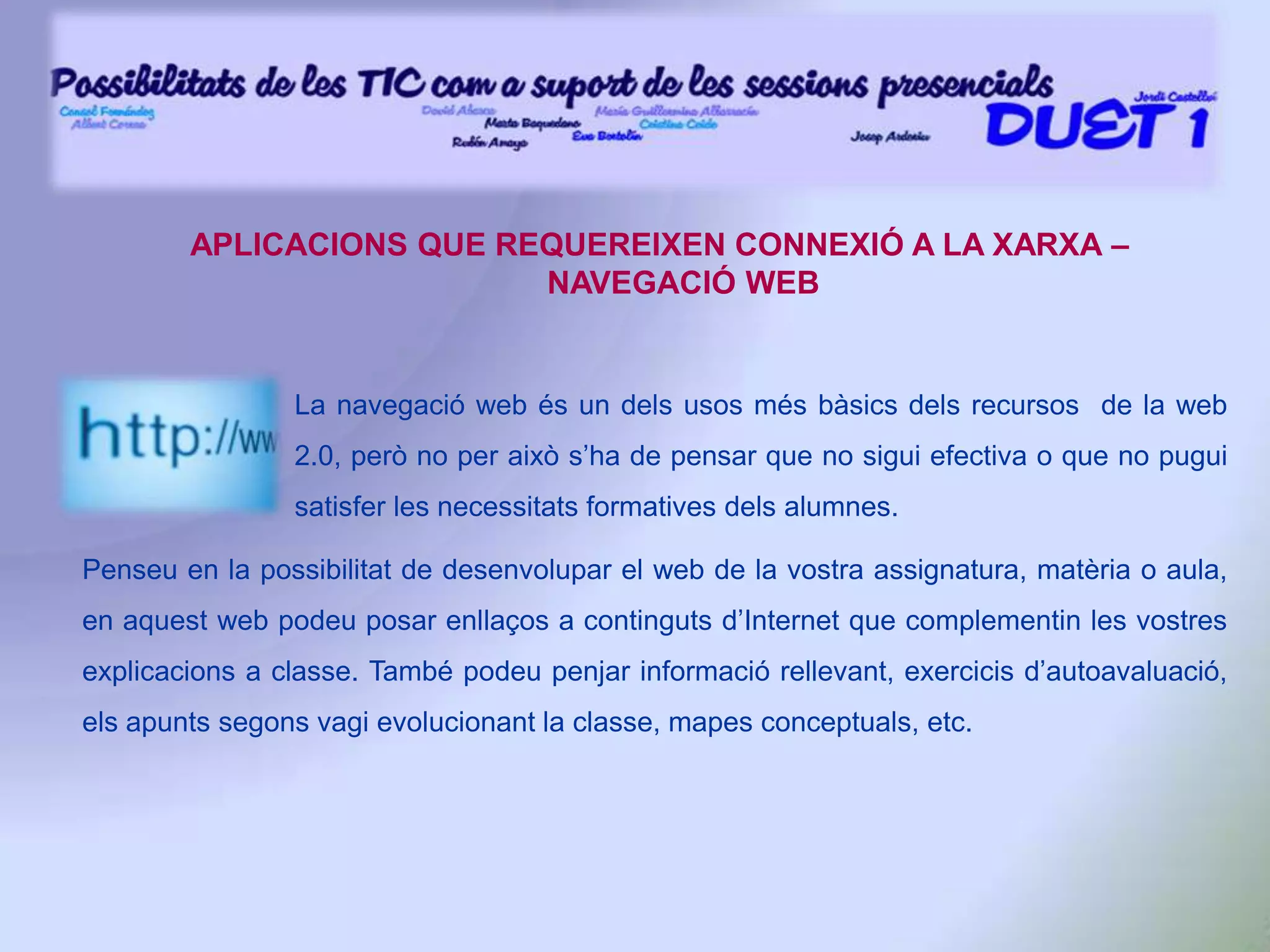 PROJECCIÓ DE FUTUR DEL PROJECTENo hi ha dubte que la projecció de futur d’aquest projecte és enorme. I no ho és només perquè es pugui preveure una implantació paulatina i progressiva, sinó especialment perquè el desenvolupament de les TIC promet noves tecnologies que probablement permetran assolir nous reptes i resoldre més problemes en els propers anys.Segurament, el previsible èxit del projecte i la visualització dels avantatges que suposen les TIC a les aules farà que cada cop hi hagi més docents entusiastes i innovadors en el seu ús i aniran sorgint noves fórmules i estratègies a partir de les múltiples experiències.És important fer un seguiment proper sobre com es van implementant les TIC a l’ensenyament presencial per aprofitar les experiències i compartir els seus beneficis.