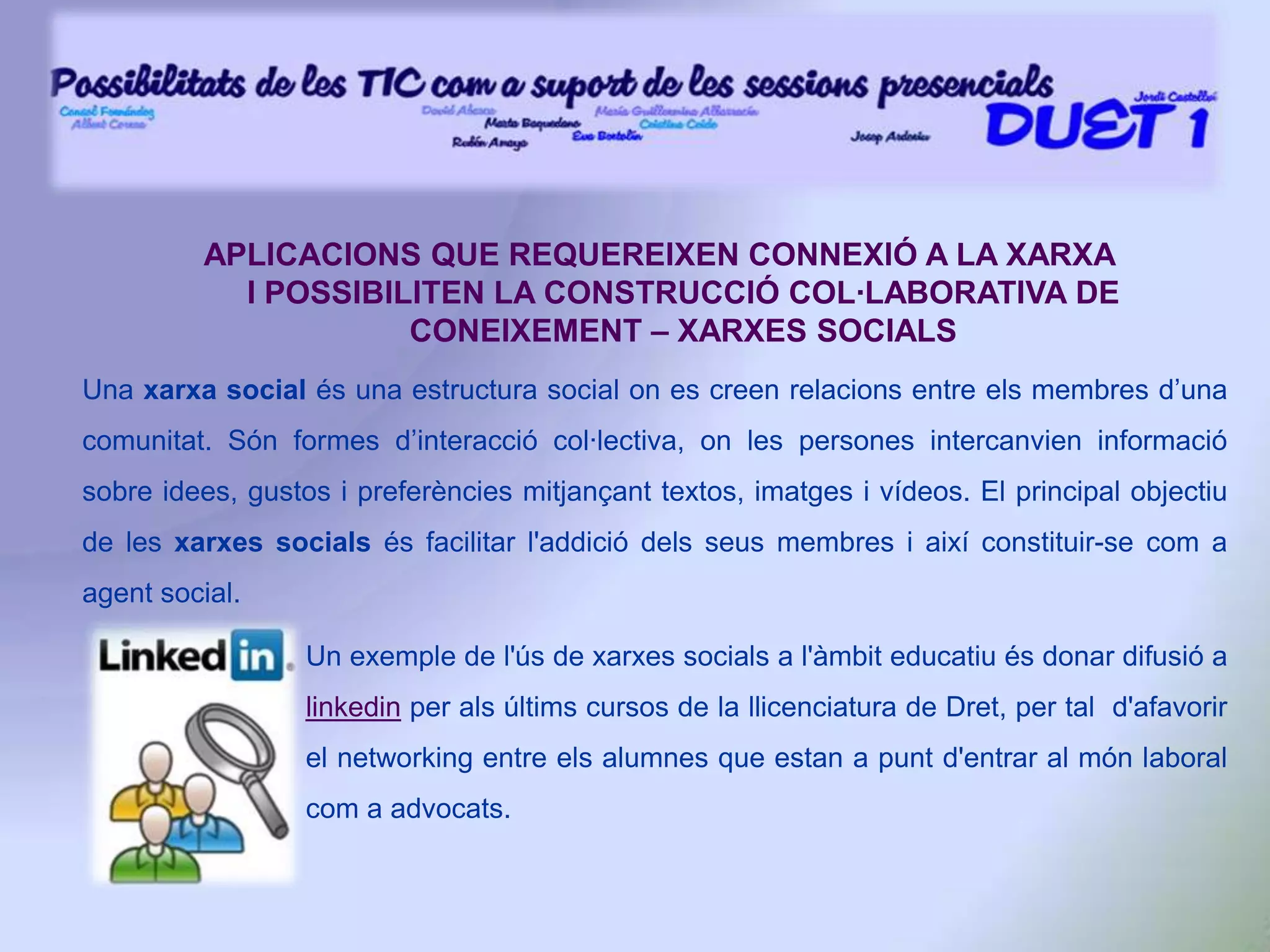 APLICACIONS NO INTERACTIVES O QUE NO REQUEREIXEN CONNEXIÓ A LA XARXA – PISSARRA INTERACTIVAA l’assignatura de Teoria i Tècnica del Llenguatge Audiovisual, del grau de Periodisme, s’utilitza la pissarra digital.El docent introdueix els diferents tipus de realització de programes televisius, i dona suport a les seves explicacions orals mitjançant la utilització de fragments de programes televisius des del web de youtube o des dels webs de canals de televisió. D’aquesta manera el docent pot apuntar amb exemples les característiques més destacables de cada tipus de programa.