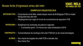 Noves fonts d’ingressos arreu del món
                                  EXEMPLES D’OBJECTIUS 2016
 BOTIGUES FCB • Conjuntament amb Nike, desenvolupar xarxa de 80 Botigues FCB en model
                 franquiciat arreu del món
               • Desplaçament per regió en funció de concentració de seguidors FCB

   PATROCINIS • Establiment de contractes de patrocini regionals
                   – 3 contractes grans, 10 menors per cada ambaixada al 2016

  CONTINGUTS • Comercialització de contingut d’alt valor FCB fent ús de noves tecnologies

       ALTRES • Nou impuls de targetes de crèdit FCB a mercats clau
               • Nou Camp Tour
 