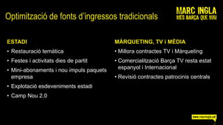 Optimització de fonts d’ingressos tradicionals

ESTADI                                   MÀRQUETING, TV i MÈDIA
• Restauració temàtica                   • Millora contractes TV i Màrqueting
• Festes i activitats dies de partit     • Comercialització Barça TV resta estat
                                           espanyol i Internacional
• Mini-abonaments i nou impuls paquets
  empresa                                • Revisió contractes patrocinis centrals
• Explotació esdeveniments estadi
• Camp Nou 2.0
 