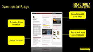 Xarxa social Barça
                         Consulta i gestió
                           punts Barça

     Consultes lligues
       intra socis


                         Relació amb altres
                          socis: missatges

     Fòrums discussió
 
