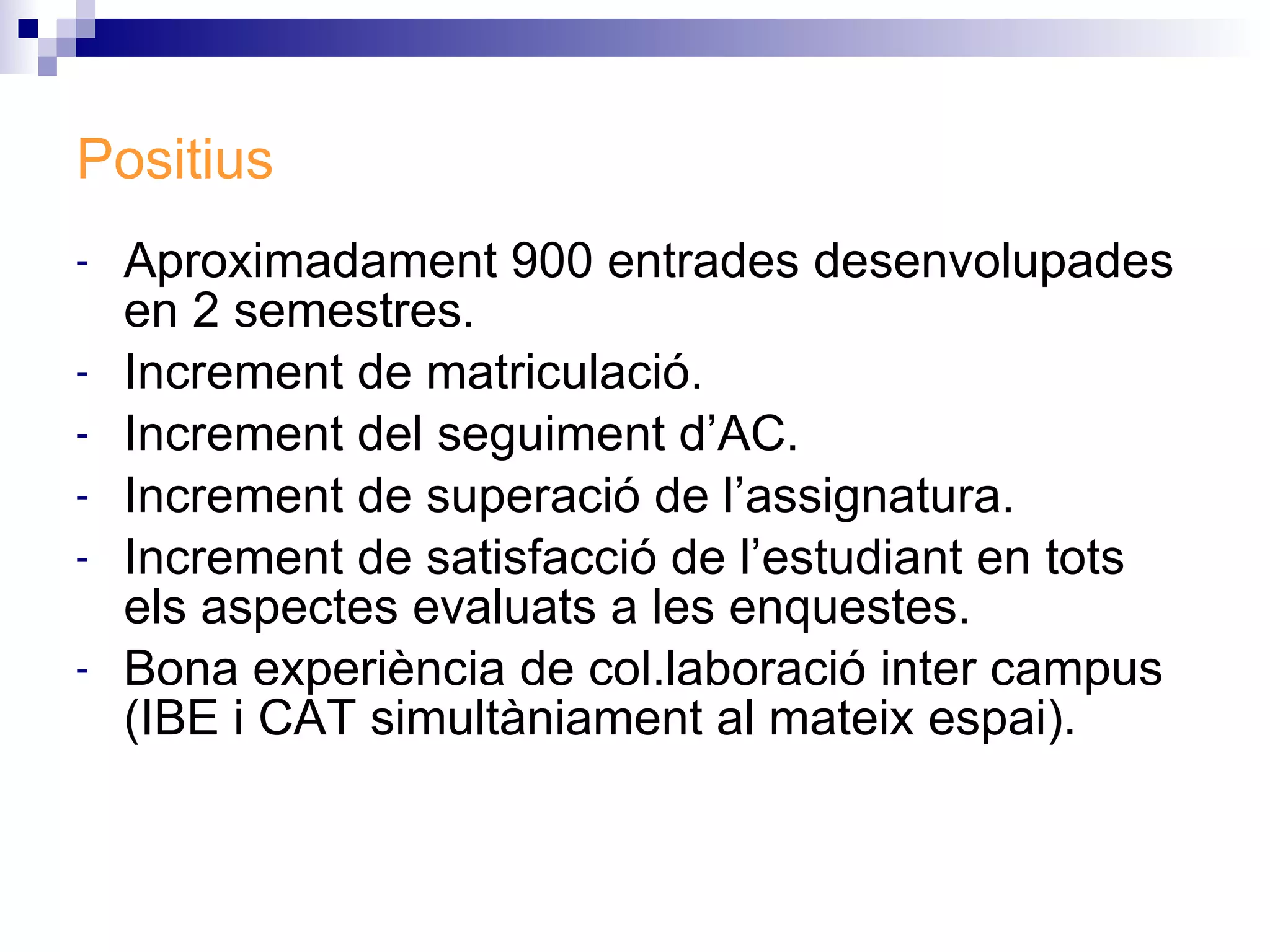 Aproximadament 900 entrades desenvolupades en 2 semestres. Increment de matriculació. Increment del seguiment d’AC. Increment de superació de l’assignatura. Increment de satisfacció de l’estudiant en tots els aspectes evaluats a les enquestes. Bona experiència de col.laboració inter campus (IBE i CAT simultàniament al mateix espai). Positius 