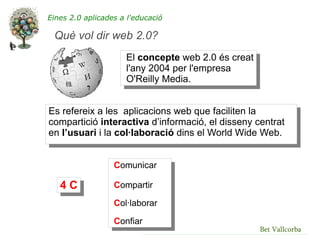 Eines 2.0 aplicades a l'educació

 Què vol dir web 2.0?
                     El concepte web 2.0 és creat
                     l'any 2004 per l'empresa
                     O'Reilly Media.


Es refereix a les aplicacions web que faciliten la
compartició interactiva d’informació, el disseny centrat
en l’usuari i la col·laboració dins el World Wide Web.


                  Comunicar

   4C             Compartir

                  Col·laborar

                  Confiar
                                                    Bet Vallcorba
 