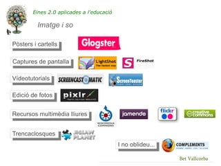 Eines 2.0 aplicades a l'educació

          Imatge i so

Pòsters i cartells

Captures de pantalla

Vídeotutorials

Edició de fotos


Recursos multimèdia lliures


Trencaclosques
                                           I no oblideu...

                                                             Bet Vallcorba
 