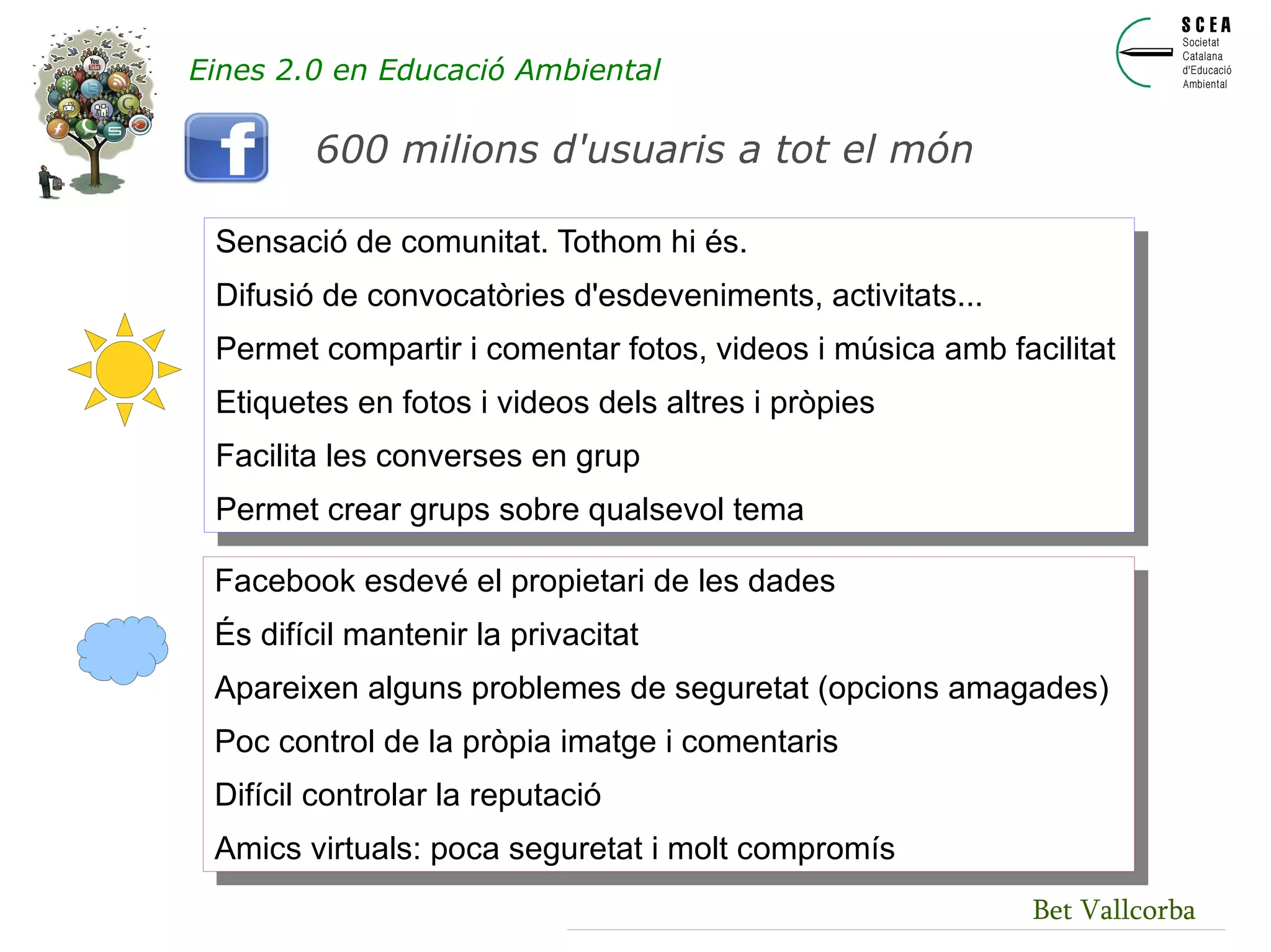 Diferències web 1.0 i web 2.0 Bet Vallcorba Eines 2.0 en Educació Ambiental WEB 1.0 Unidireccionalitat Format paper Consumidors WEB 2.0 Bidireccionalitat Interactivitat Participació Col·laboració Prosumidors Social 